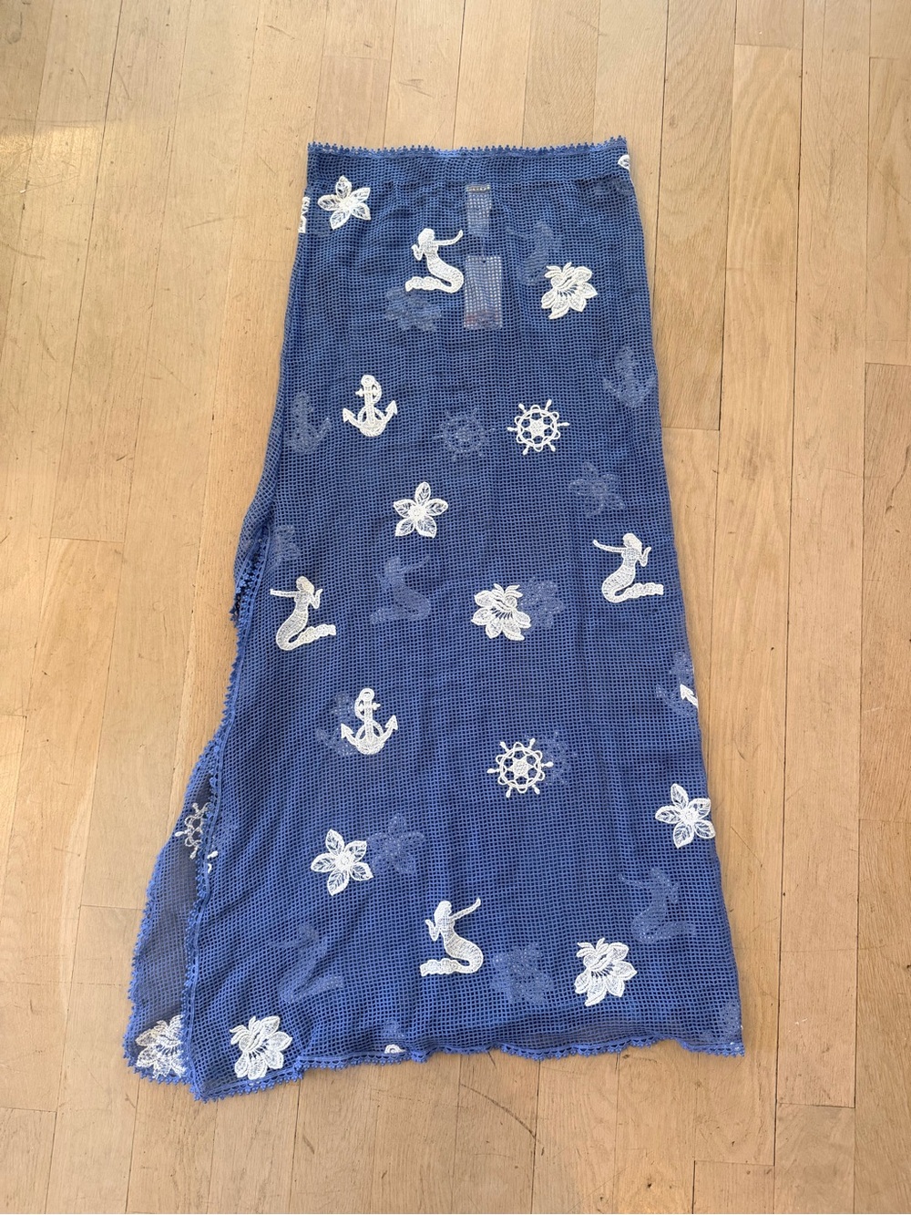 Agua Bendita Blue Crochet Swim Cover-Up Skirt with White Embroidery